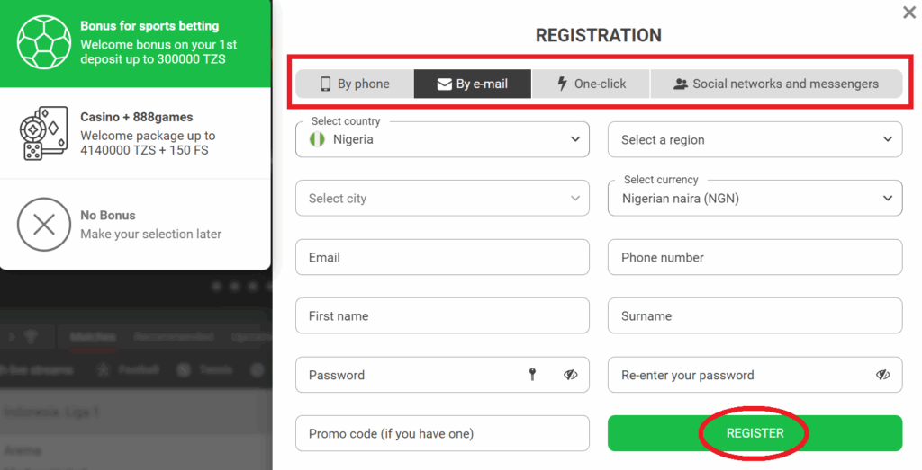 Profile registration options 888Starz