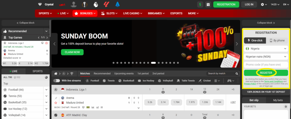 Evaluation of the interface of the main site 888Starz